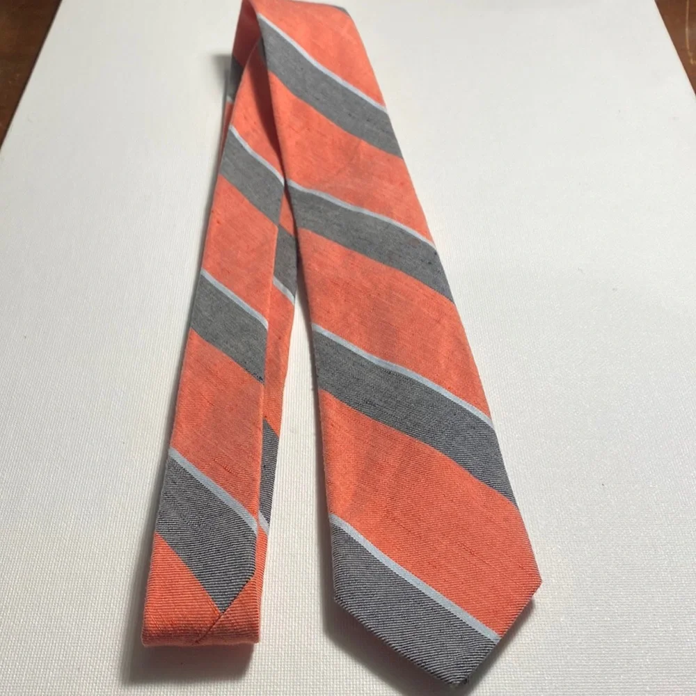 J. Crew Orange and Gray Striped Linen/Cotton Tie